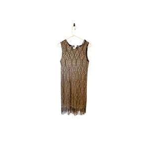 Vintage Gold Lace Fringe Flapper Dress Sleeveless Metallic Cocktail  Shift